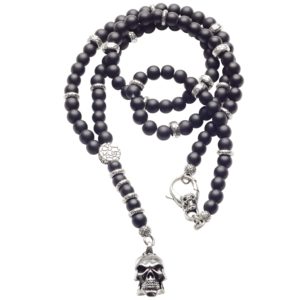 Rosario Skull Bomberg Necklace in Silver and Black Pearls