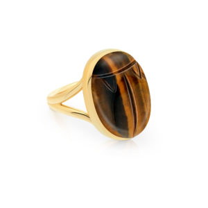 Rita and Zia Ring Small Scarab Silver Plated Yellow Gold Tiger Eye